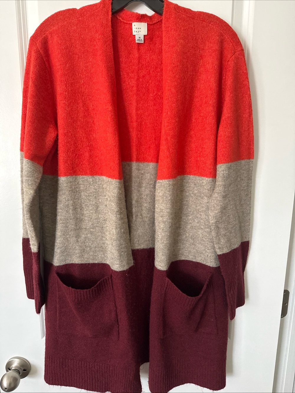 A New Day Orange, Gray, Maroon Striped Open Front Cardigan Sweater w/ Pockets M